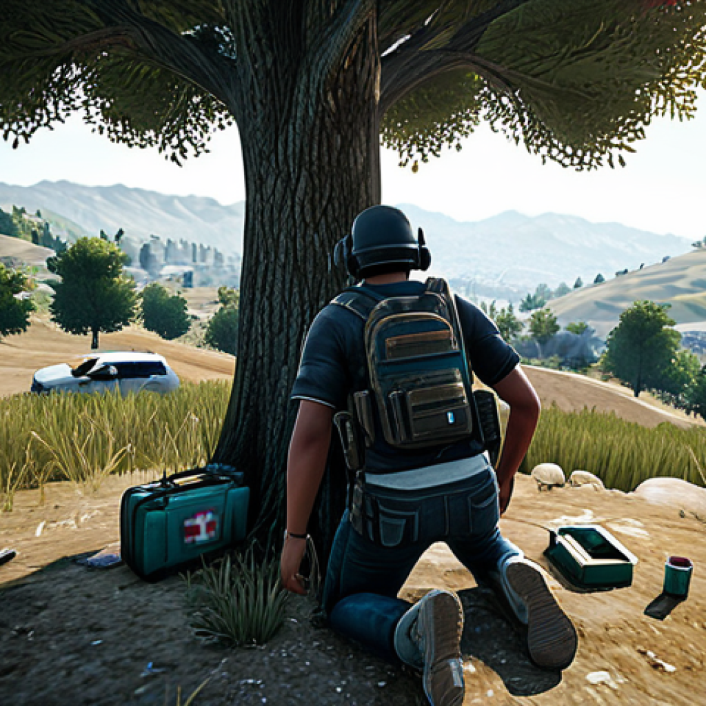 배틀그라운드 응급처치 키트 사용법 - **

A PUBG Mobile player in modest gaming attire, using a First Aid Kit behind a tree for cover, ful...