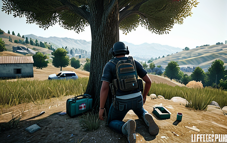 배틀그라운드 응급처치 키트 사용법 - **

A PUBG Mobile player in modest gaming attire, using a First Aid Kit behind a tree for cover, ful...