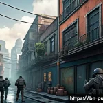Home 13 배틀그라운드 최신 패치 노트 - A dynamic futuristic game map scene featuring newly added urban areas with updated building interior...