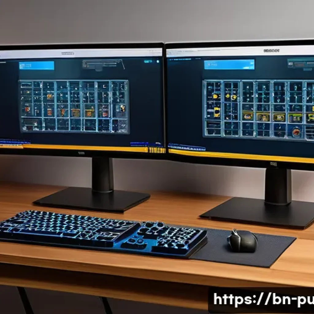배틀그라운드 그래픽 설정 가이드 - A detailed digital illustration of a modern gaming setup focused on optimizing graphics settings, fe...