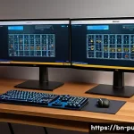 배틀그라운드 그래픽 설정 가이드 - A detailed digital illustration of a modern gaming setup focused on optimizing graphics settings, fe...