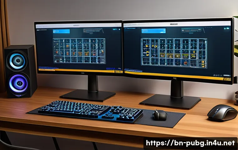 배틀그라운드 그래픽 설정 가이드 - A detailed digital illustration of a modern gaming setup focused on optimizing graphics settings, fe...