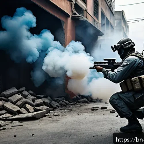 배틀그라운드 투척 무기 사용 팁 - A dynamic urban battleground scene featuring a skilled player in tactical gear throwing a smoke gren...