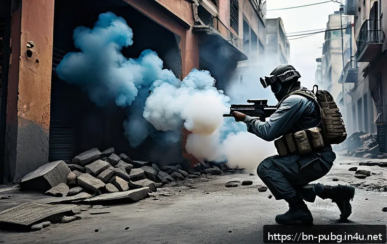 배틀그라운드 투척 무기 사용 팁 - A dynamic urban battleground scene featuring a skilled player in tactical gear throwing a smoke gren...