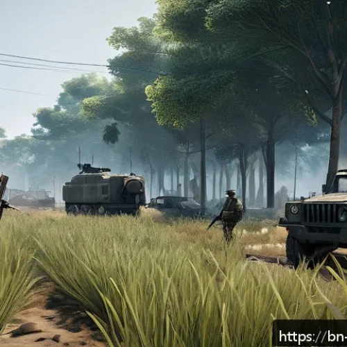 배틀그라운드 게임 배경 스토리 - A detailed battlefield scene in the Buet area of Battlegrounds, featuring a secret NPC character cla...