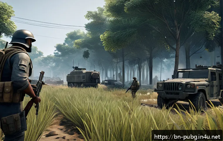 배틀그라운드 게임 배경 스토리 - A detailed battlefield scene in the Buet area of Battlegrounds, featuring a secret NPC character cla...