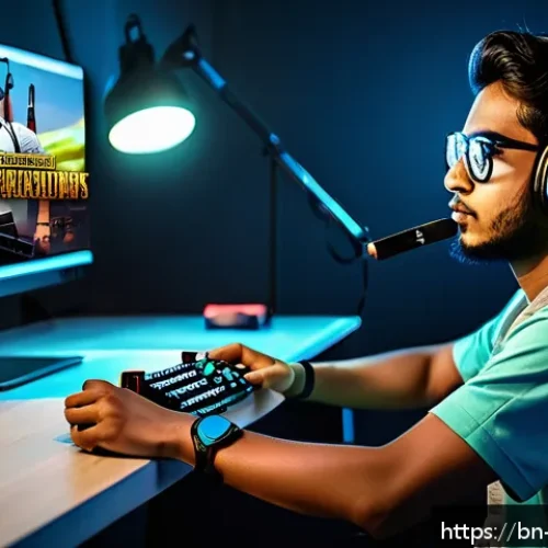 배틀그라운드 에너지 드링크 효율성 - A focused young Bangladeshi gamer sitting at a modern gaming setup with dual monitors displaying PUB...
