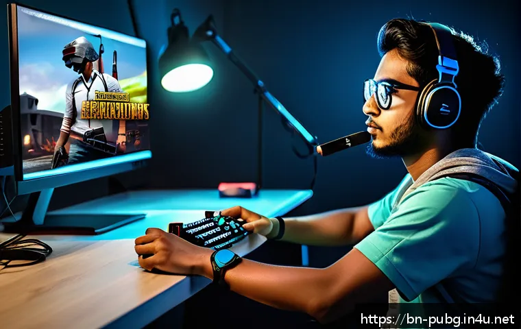 배틀그라운드 에너지 드링크 효율성 - A focused young Bangladeshi gamer sitting at a modern gaming setup with dual monitors displaying PUB...