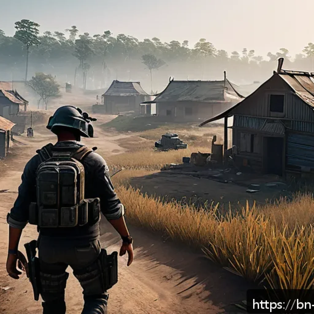 배틀그라운드 고급 아이템 획득 루트 - A detailed scene of a quiet, lesser-known village in a PUBG-style environment at dawn, featuring sma...