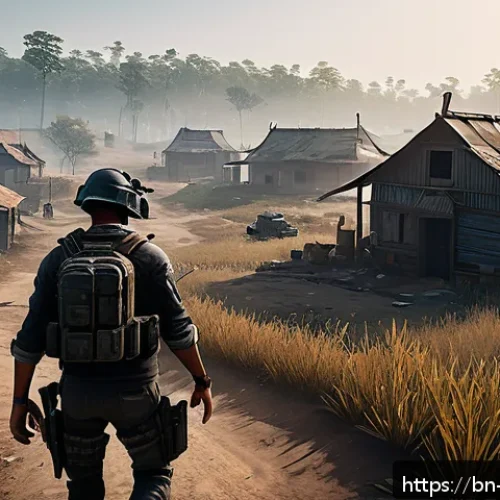 배틀그라운드 고급 아이템 획득 루트 - A detailed scene of a quiet, lesser-known village in a PUBG-style environment at dawn, featuring sma...