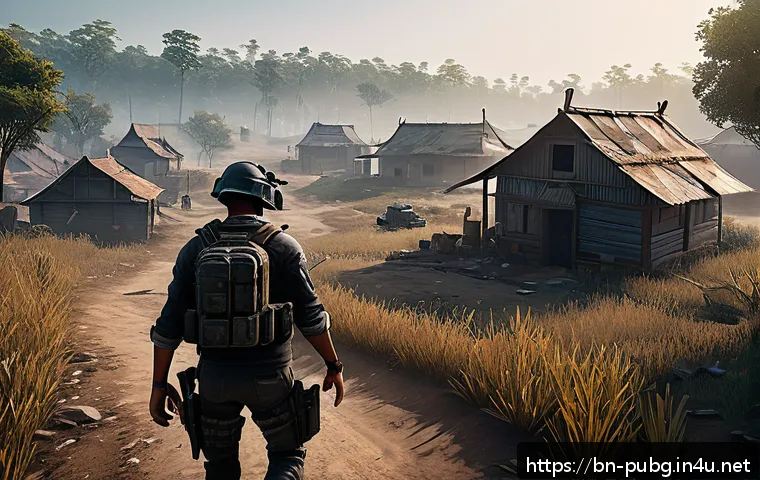 배틀그라운드 고급 아이템 획득 루트 - A detailed scene of a quiet, lesser-known village in a PUBG-style environment at dawn, featuring sma...