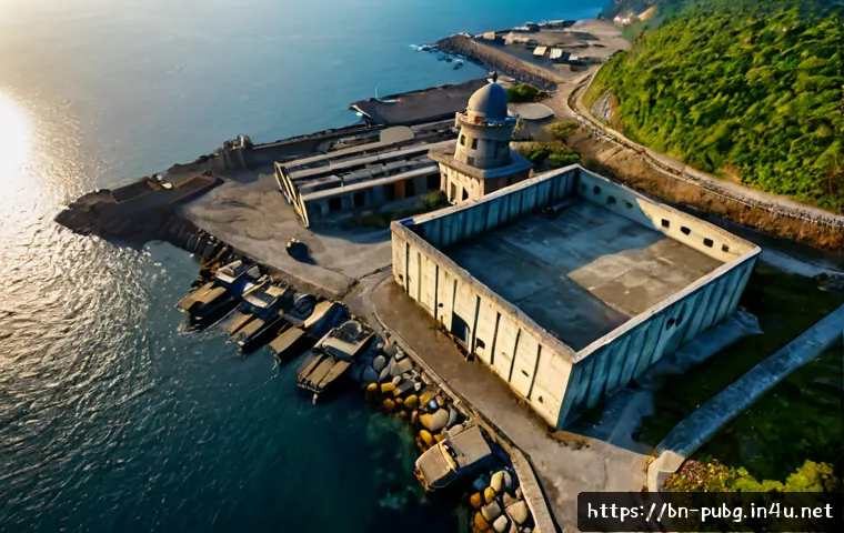 배틀그라운드 지도 별 랜드마크 - Photorealistic aerial view of a sprawling battle royale island landmark zone, a weathered coastal mi...